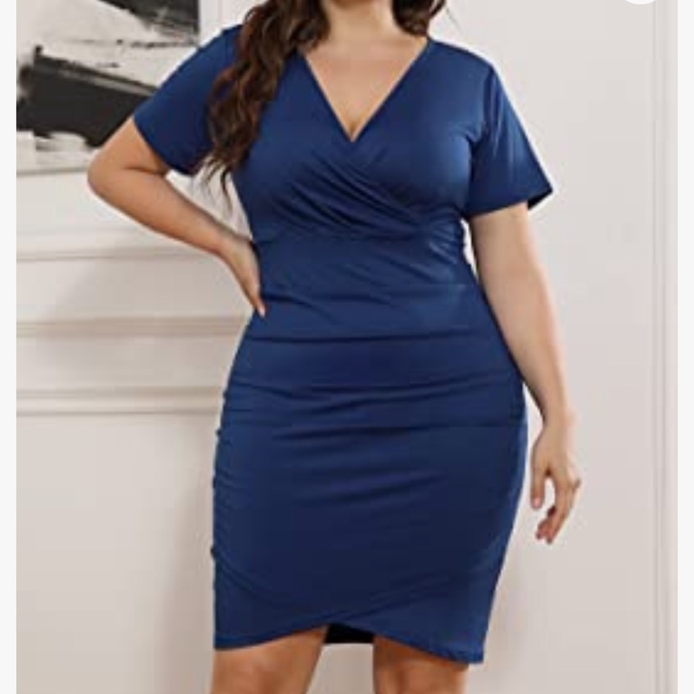 Plus Size Summer Dresses Ruched Short Sleeve Bodycon Wrap Dress Deep V Neck - Picture 6 of 6